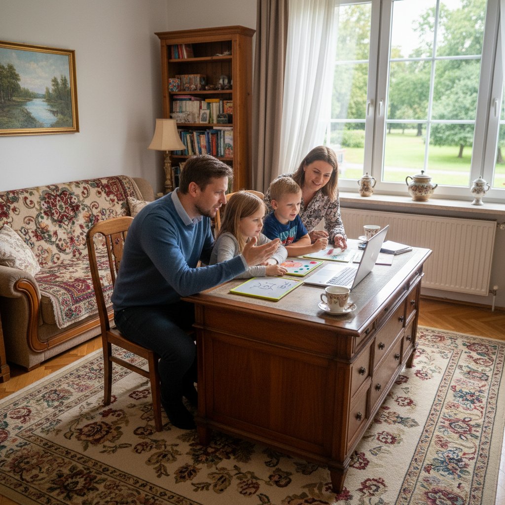 Rodzina w salonie podczas lekcji online, dziecko przy komputerze, rodzice czuwający z boku, polskie realia mieszkania