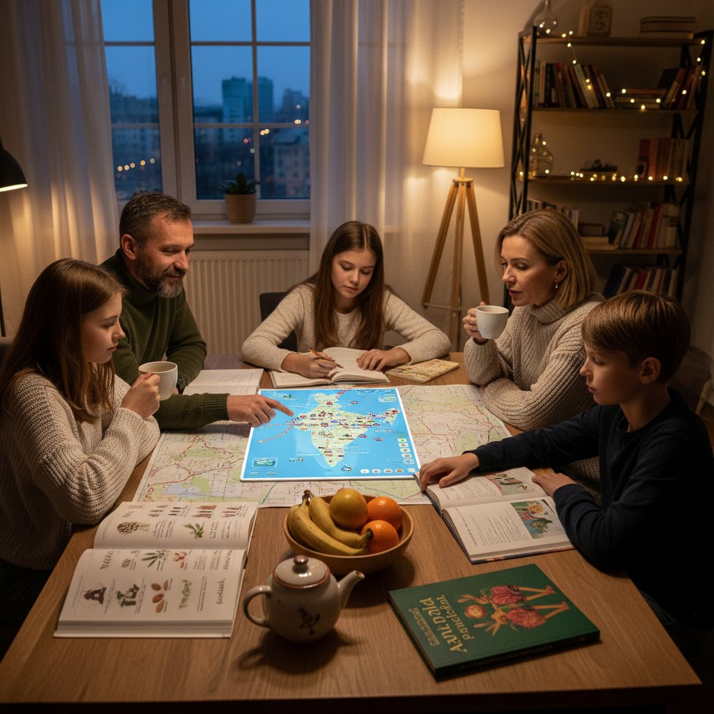 Polska rodzina planująca podróż z książkami o ajurwedzie i cyfrową mapą na stole, ujęcie wieczorem