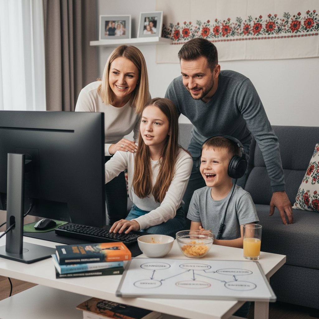 Polska rodzina wspólnie grająca w grę rozwijającą inteligencję emocjonalną – gry online i emocje