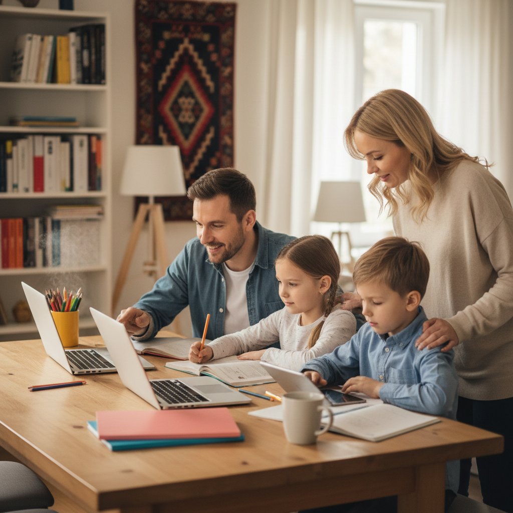 Polska rodzina przygotowująca się do nauki online, dzieci z laptopem, rodzice wspierający