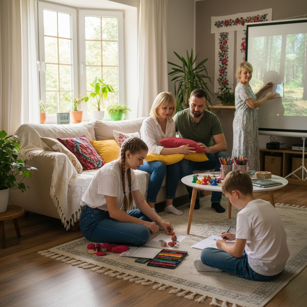 Rodzina przygotowująca się do sesji terapii zajęciowej, naturalne światło