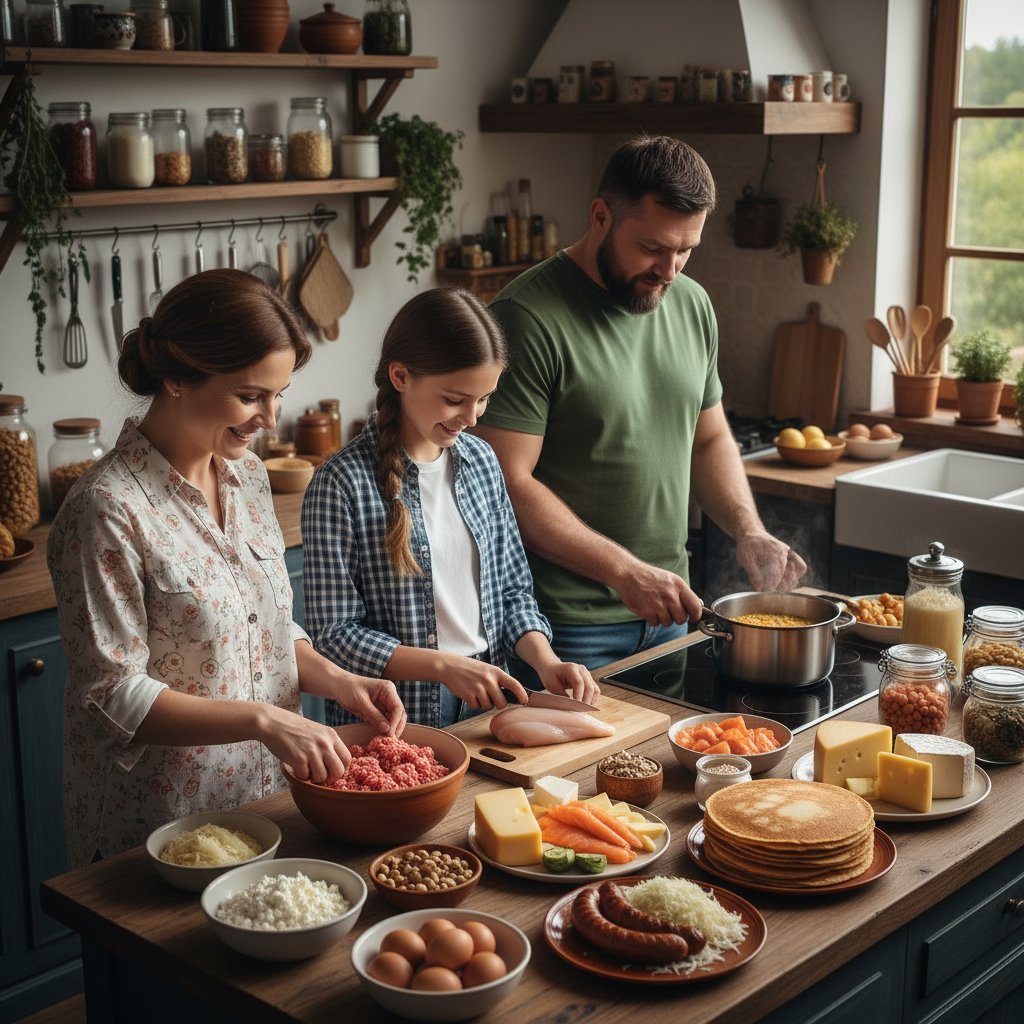 Polska rodzina przy stole z tradycyjnymi potrawami białkowymi, dieta dukana, kuchnia domowa