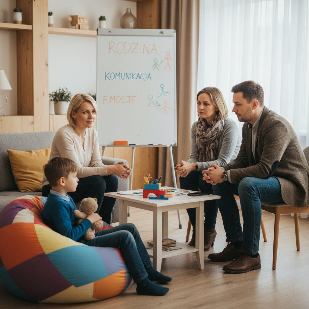 Polska rodzina podczas sesji psychologicznej, dziecko i rodzic w centrum uwagi