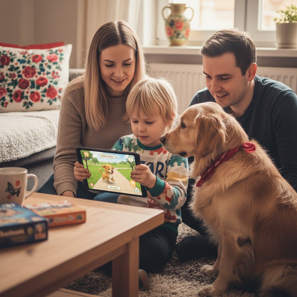 Polska rodzina z prawdziwym psem i dziecko bawiące się symulatorem hodowli psów na tablecie w jednym ujęciu