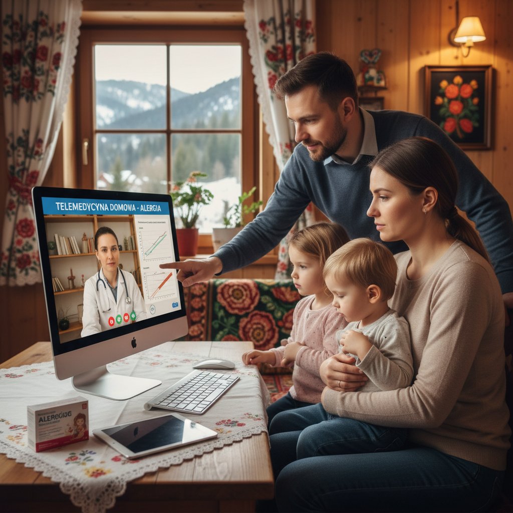 Polska rodzina korzysta ze zdalnych konsultacji na komputerze w przyjaznej domowej atmosferze – cyfrowa opieka zdrowotna w praktyce