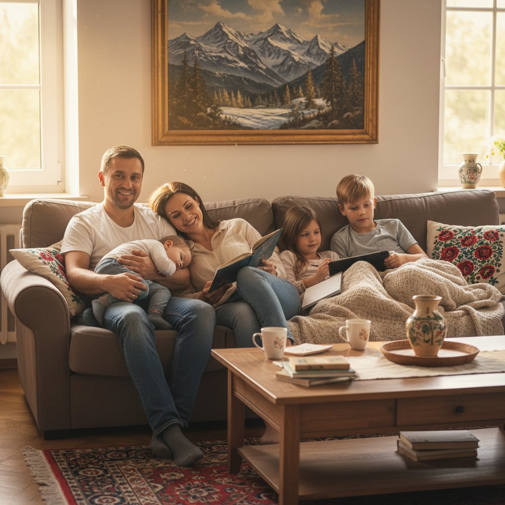 Polska rodzina różnych pokoleń odpoczywająca razem po południu – drzemka, dom, wielopokoleniowość