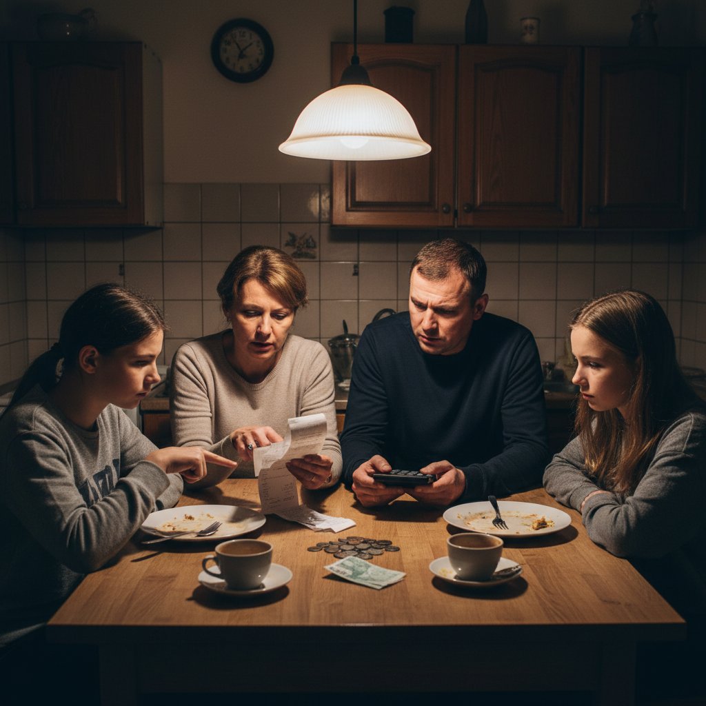 Zaniepokojona polska rodzina przeglądająca rachunki przy kuchennym stole, przyciemnione światło, prawdziwa atmosfera życia