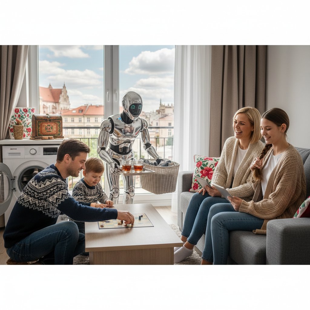 Polska rodzina z robotem podczas codziennych czynności domowych