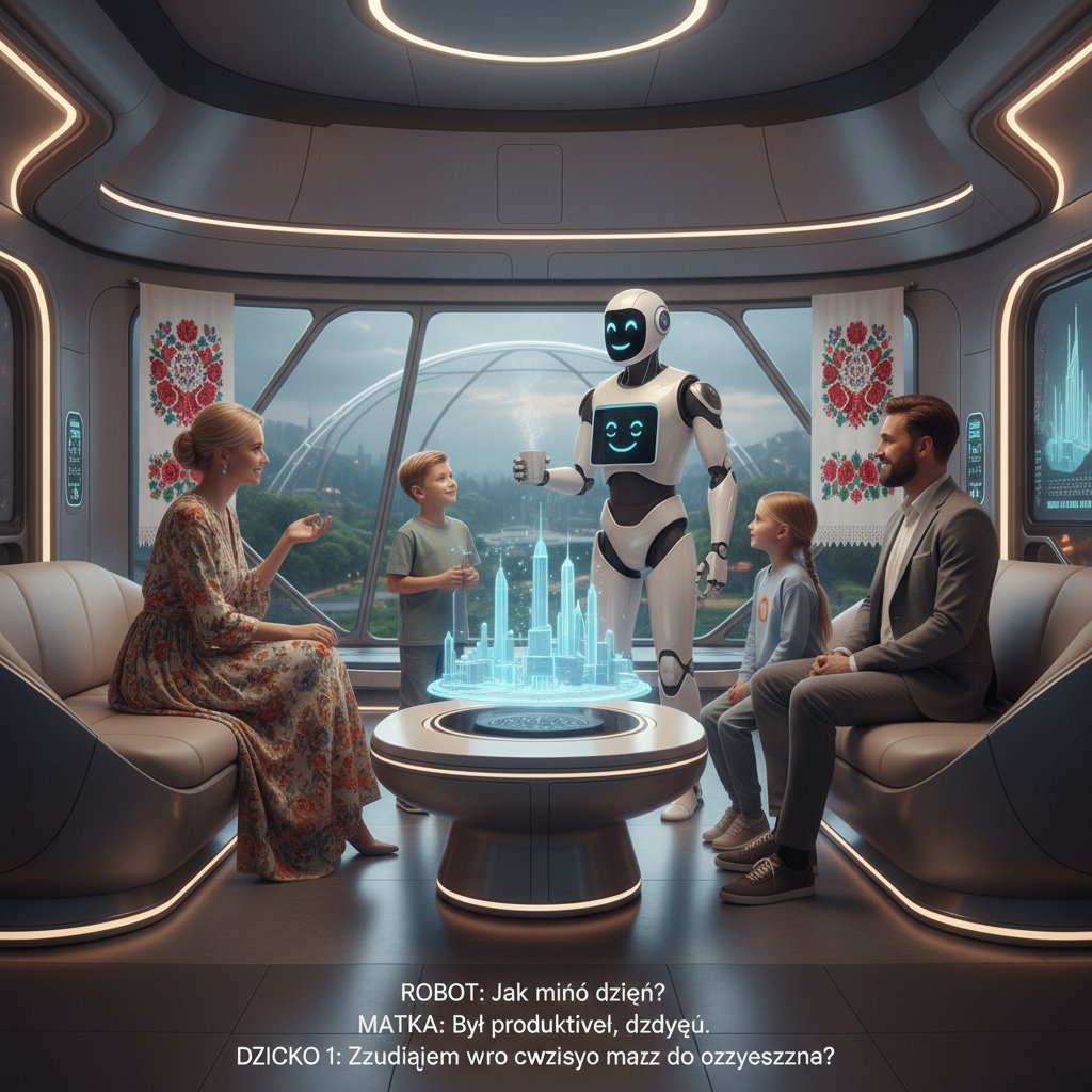 Polska rodzina rozmawiająca z robotem w domowym salonie, symbolizująca adaptację technologii