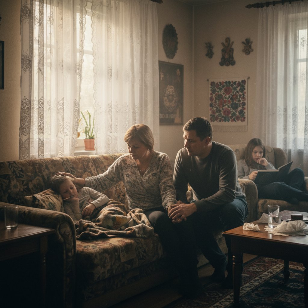 Rodzina opiekująca się chorym dzieckiem podczas krztuśca