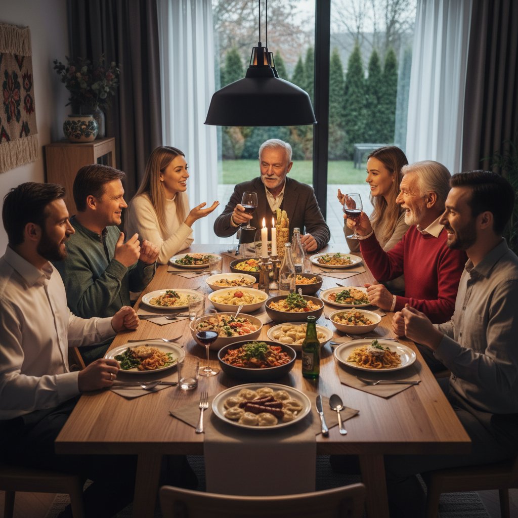 Polska rodzina przy stole, tradycyjne i nowoczesne potrawy, kompulsywne objadanie się