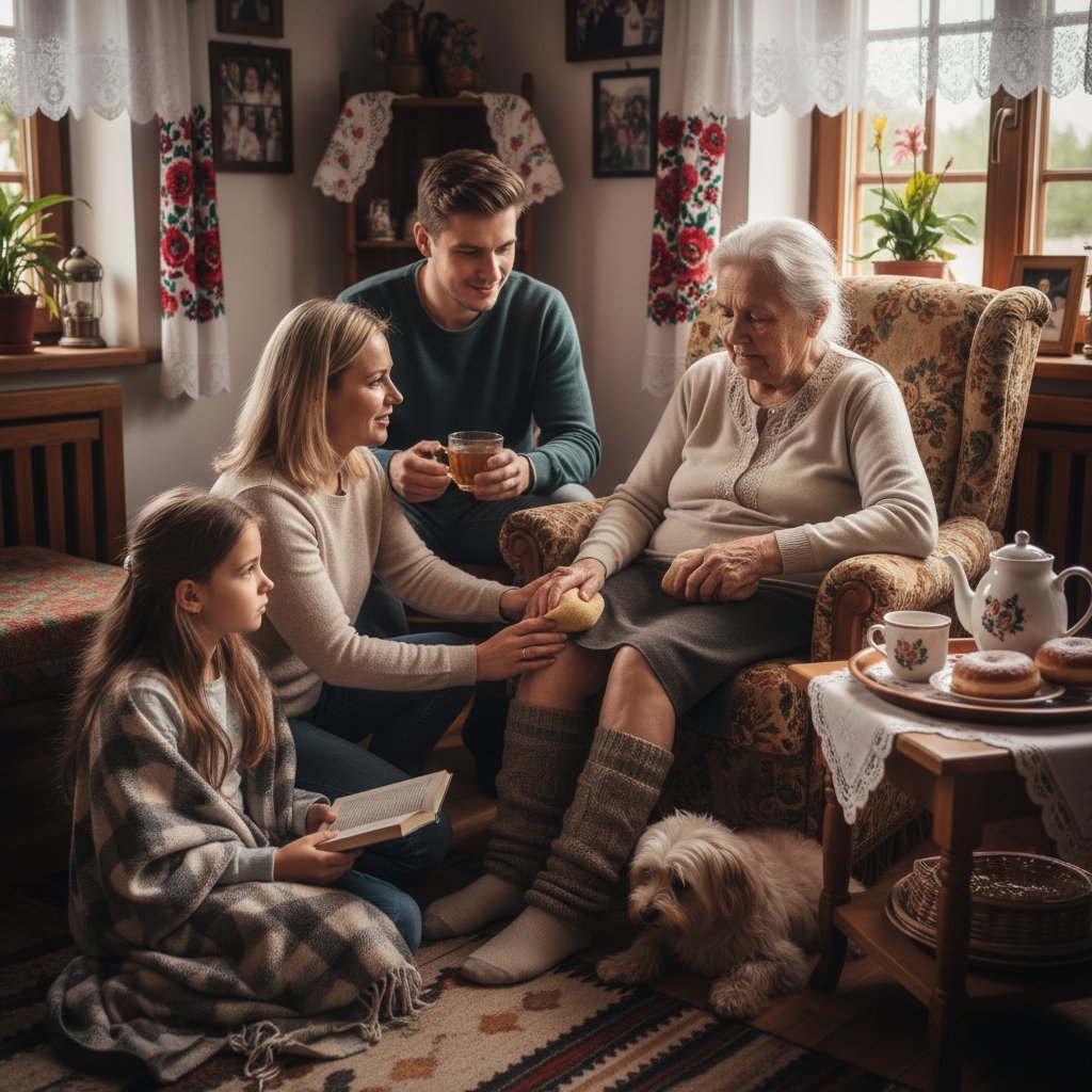 Rodzina wspierająca osobę z bólem stawów w domu, życie z chorobą reumatyczną