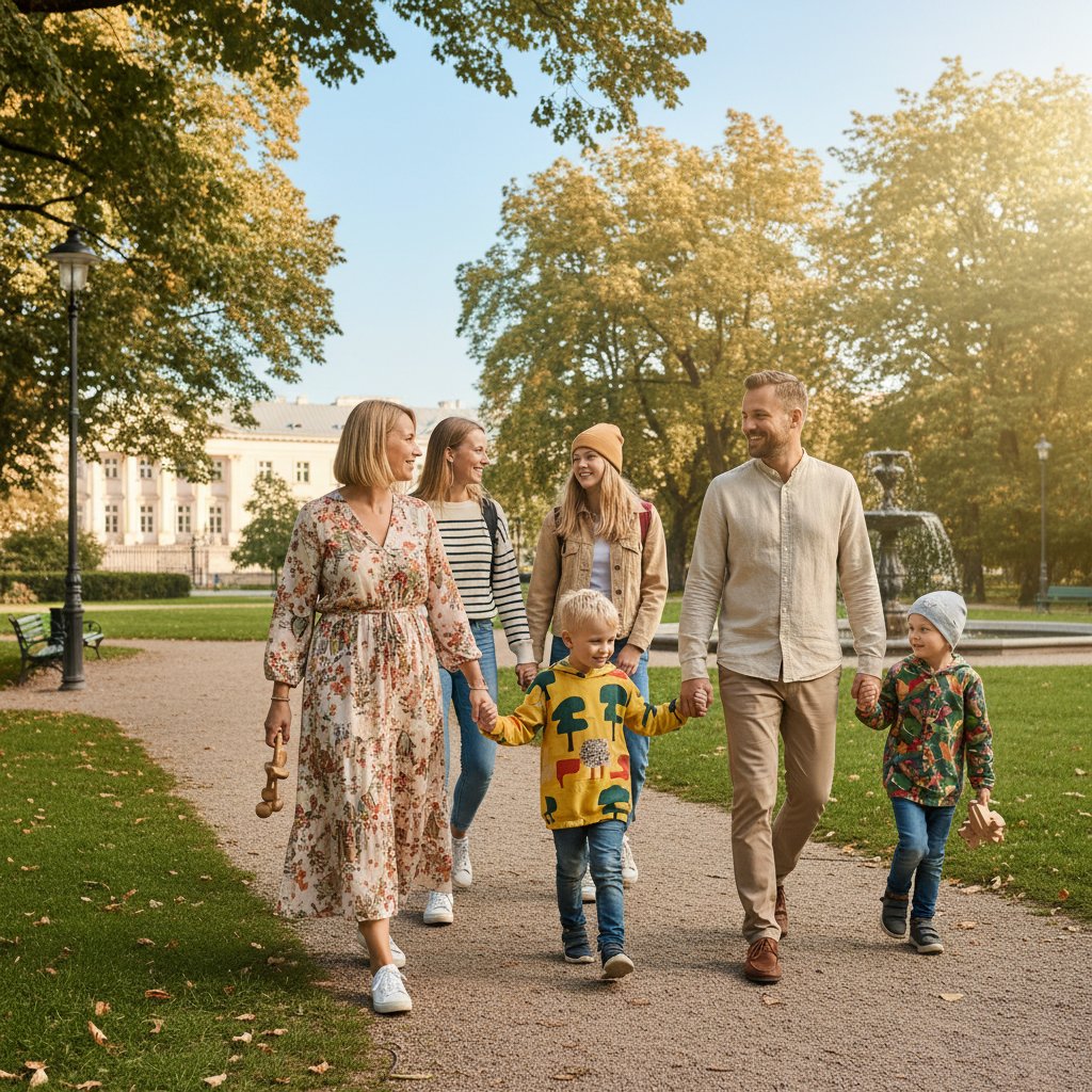 Porównanie rodzin – polska i szwedzka rodzina podczas spaceru