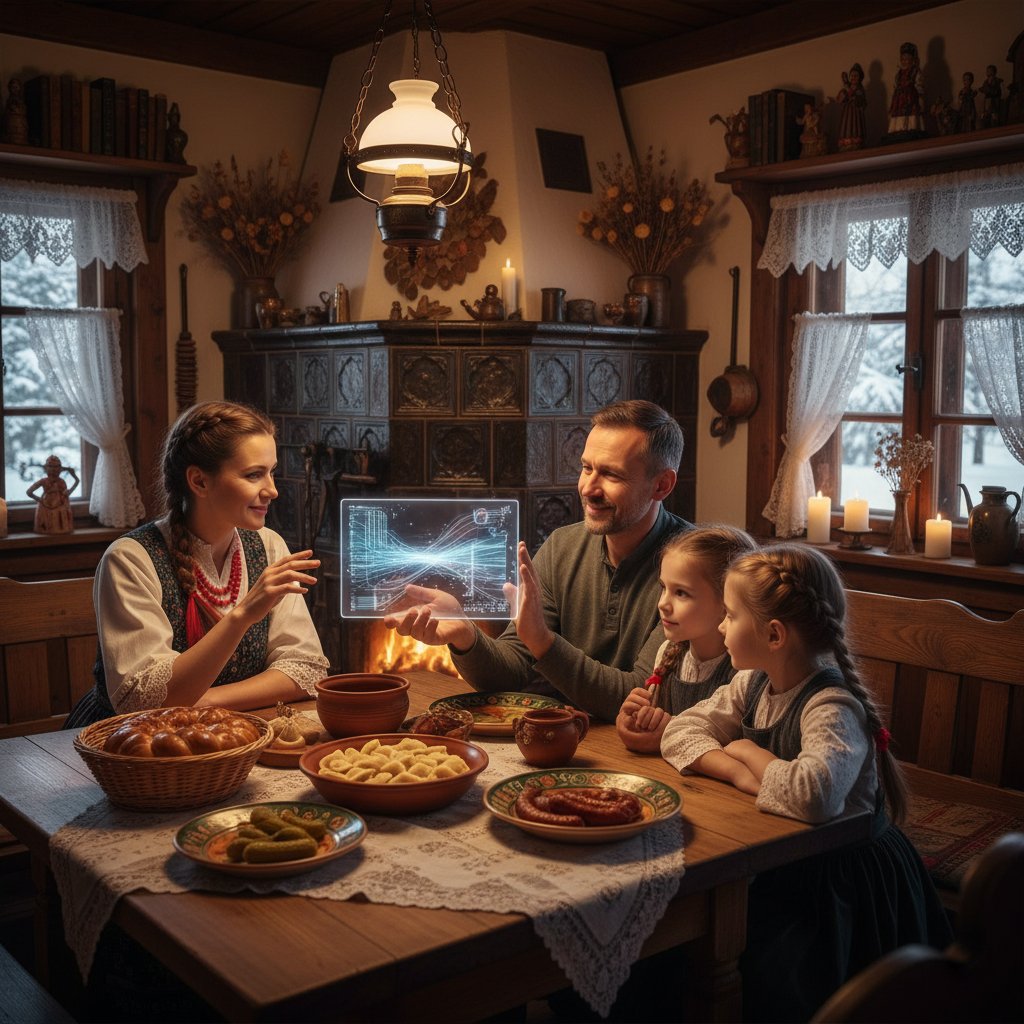 Polska rodzina śmieje się przy stole, wspólna rozmowa z AI na tablecie, tradycyjny dom, ciepła atmosfera