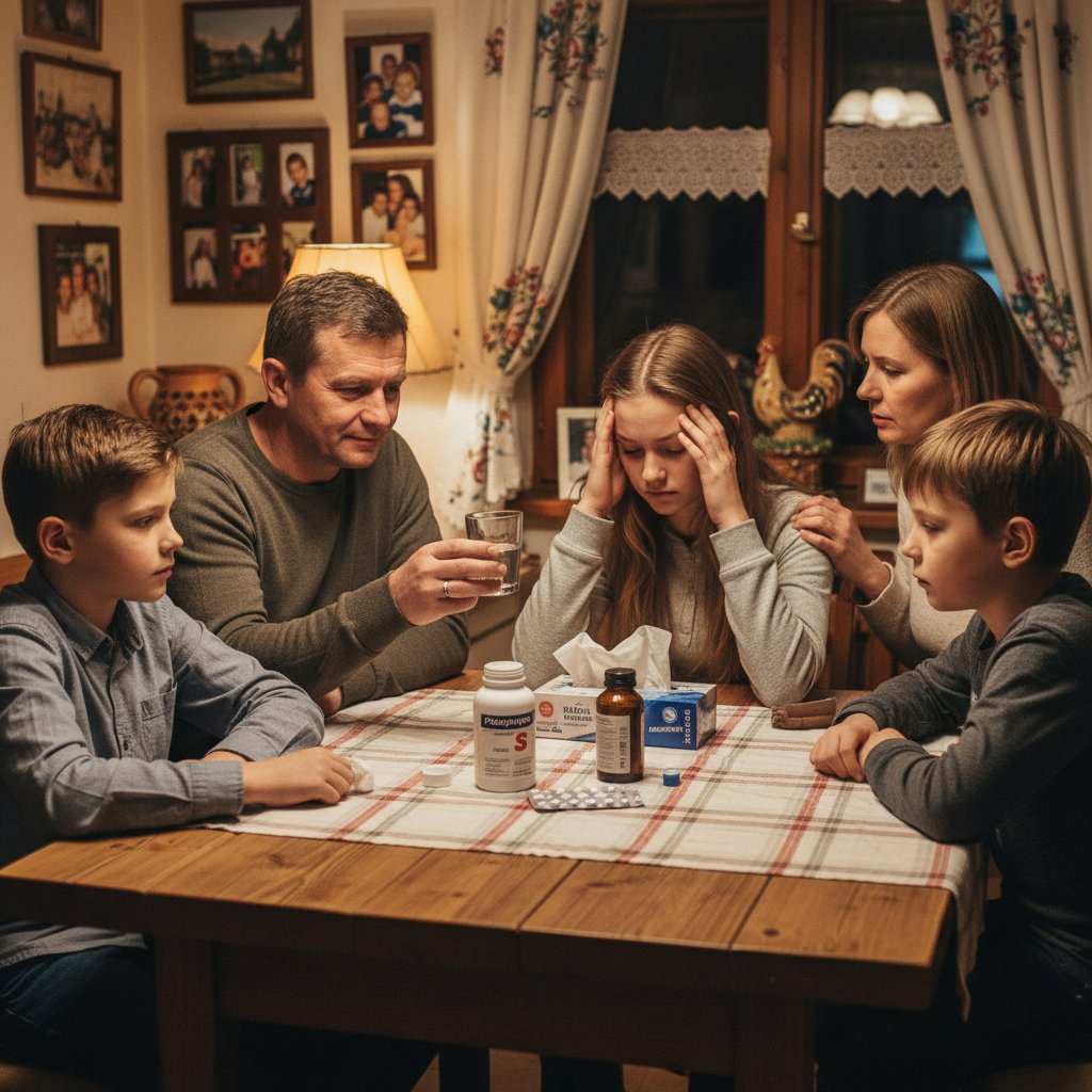 Rodzina w polskim domu, stół z lekami, dzieci i dorośli, słowa kluczowe: aspiryna, polska rodzina, zaufanie do leków