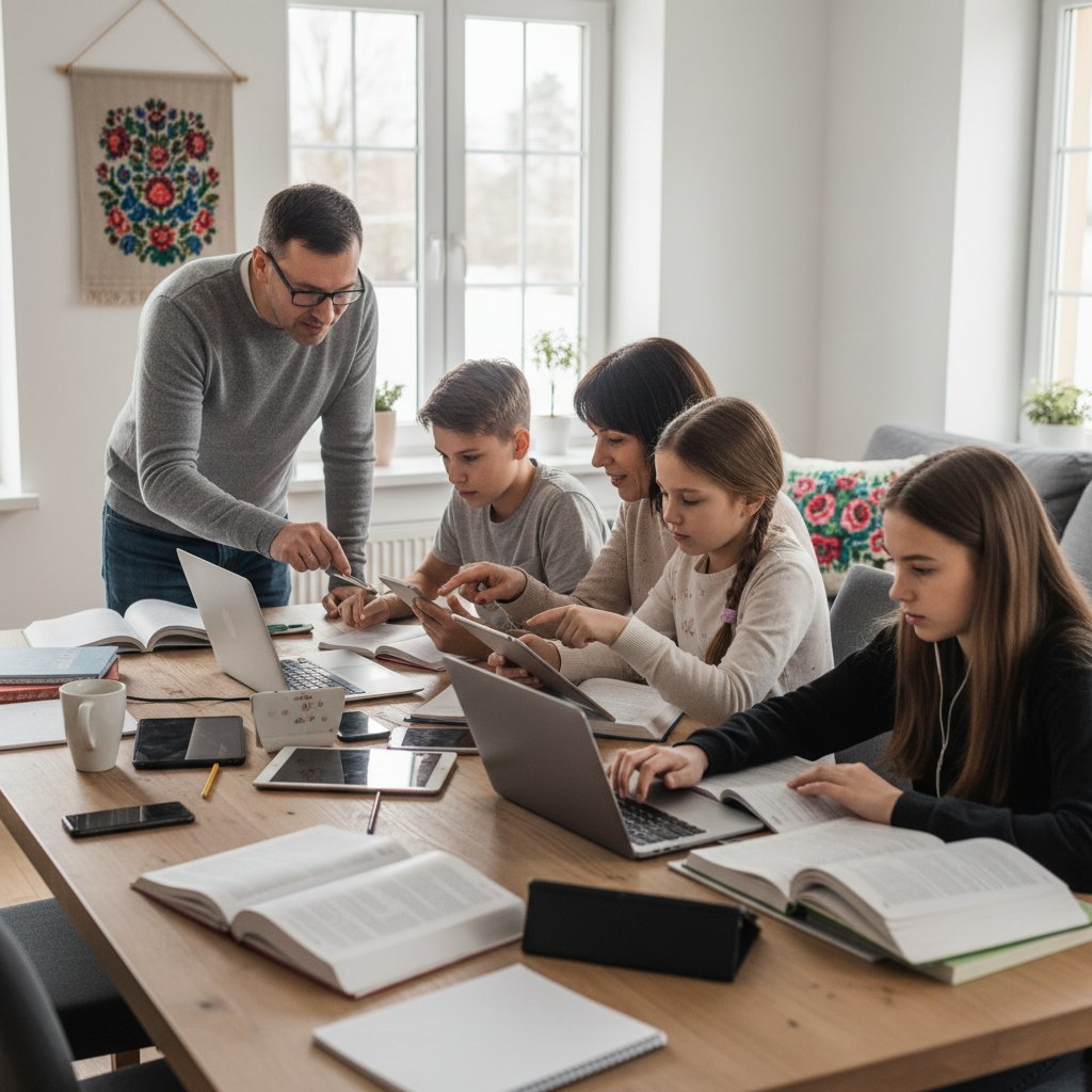 Polska rodzina przy stole korzystająca z urządzeń cyfrowych i rozmawiająca o edukacji