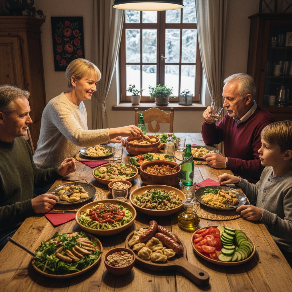 Rodzina przy stole, z jednej strony tradycyjne polskie dania, z drugiej warzywa i mięsa