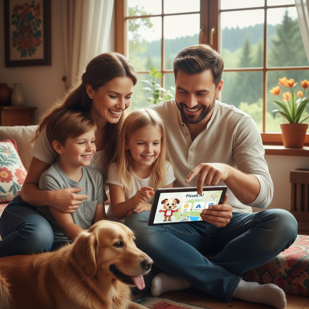 Rodzina korzystająca z aplikacji piesek.ai na tablecie, wspólna zabawa i planowanie zadań