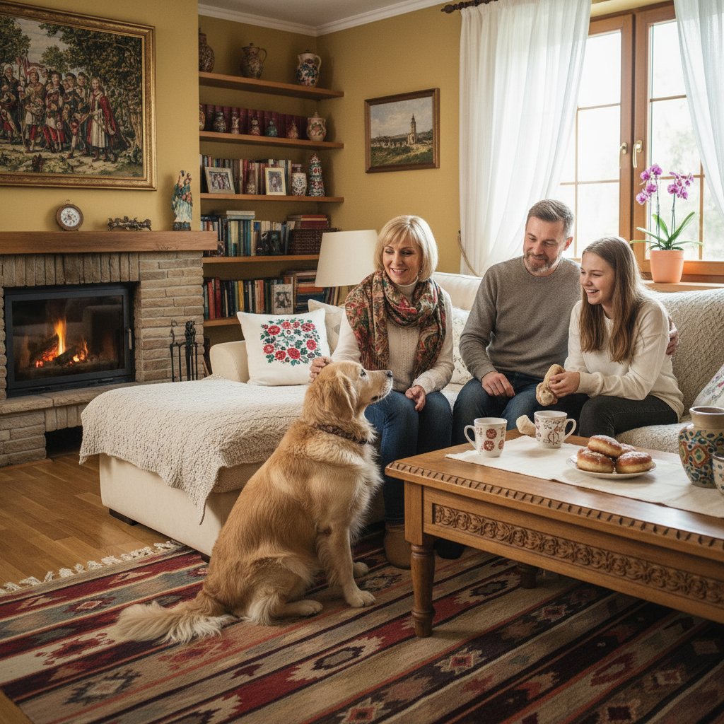 Polska rodzina rozmawiająca z psem w przytulnym salonie, domowa atmosfera, relaks