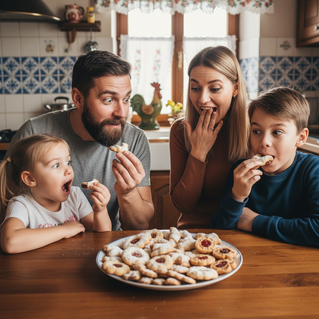 Polska rodzina przy stole testuje ciasteczka bezglutenowe i tradycyjne, zaskoczone miny, domowy klimat