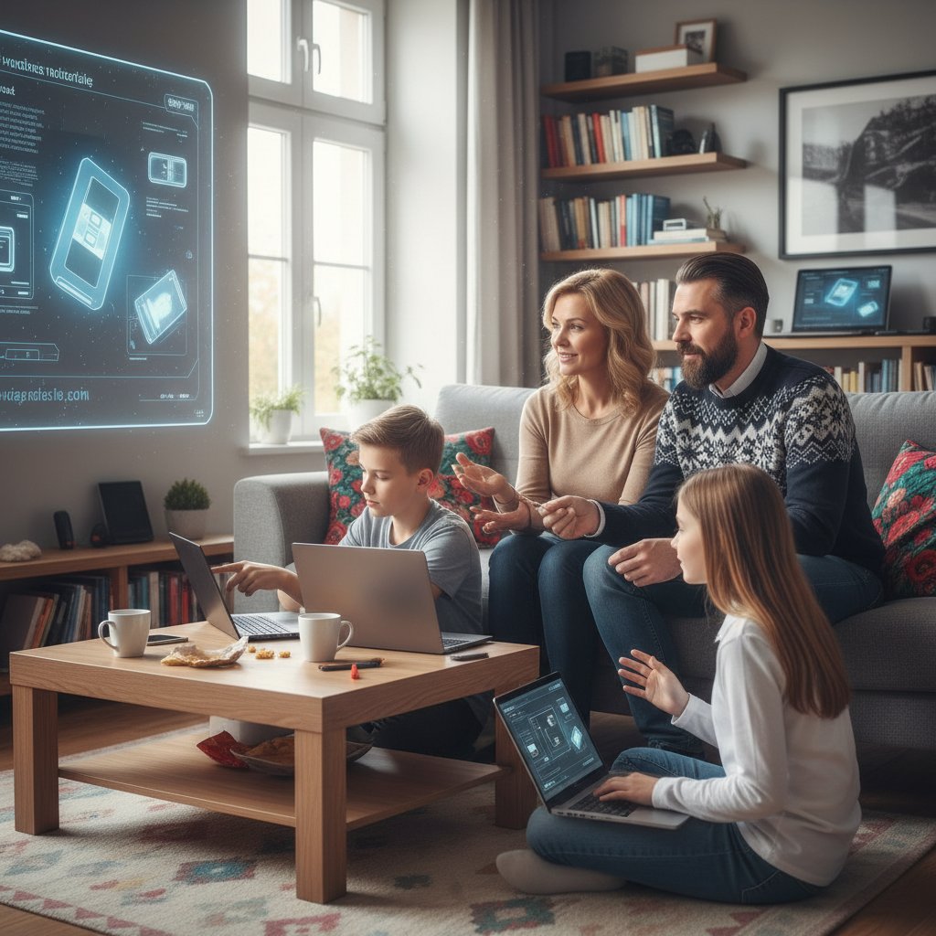 Polska rodzina omawiająca nowe technologie w domowym zaciszu