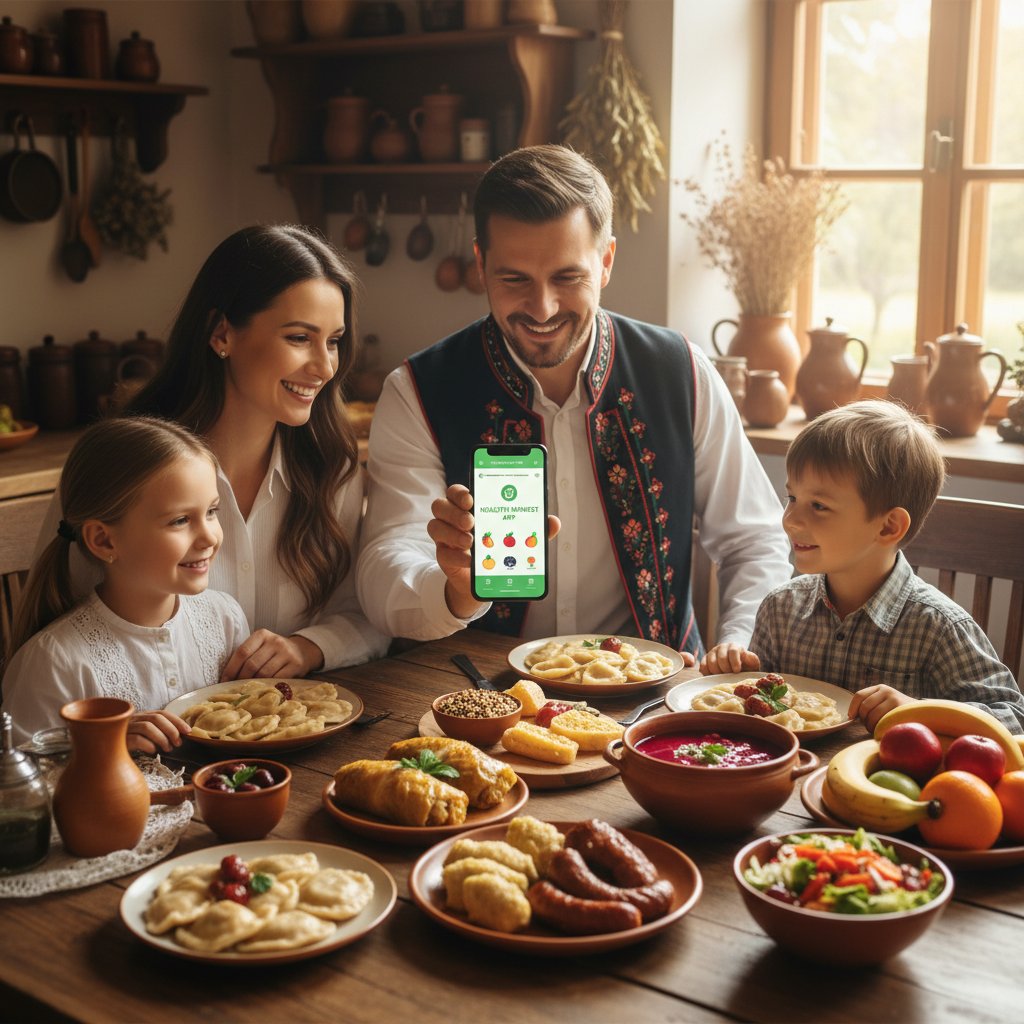 Polska rodzina podczas obiadu, tradycyjne potrawy i ktoś z aplikacją zdrowotną