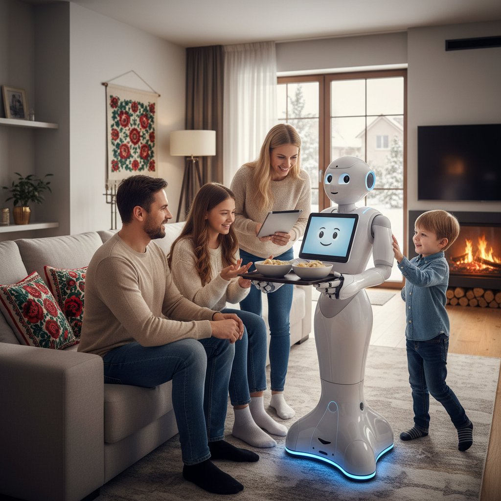 Polska rodzina korzystająca z robota asystującego w domu – realistyczna scena