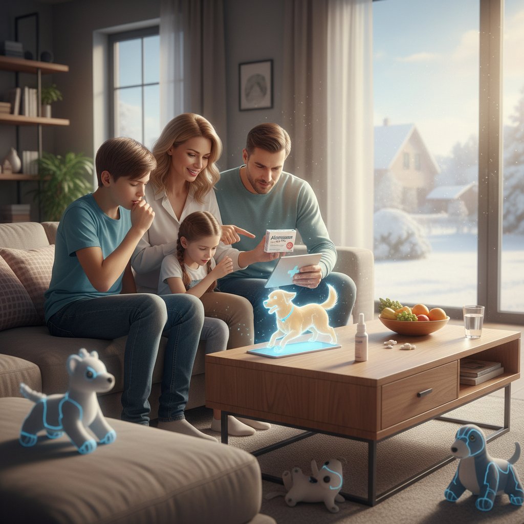 Polska rodzina rozmawiająca z wirtualnym pieskiem na tablecie w jasnym salonie, alergiczne leki na stole