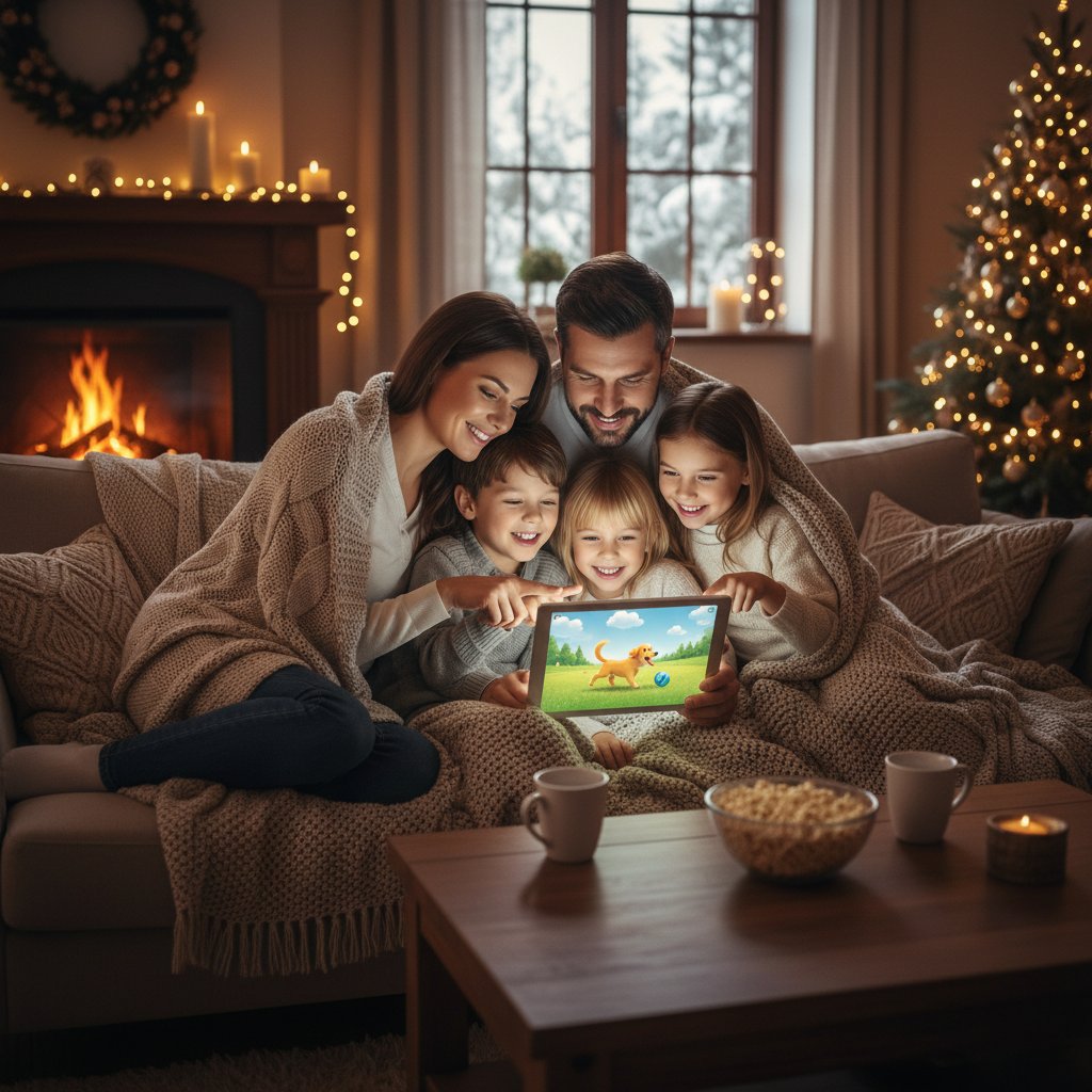 Rodzina korzystająca z symulatora psa na tablecie, domowy wieczór, cieple światło