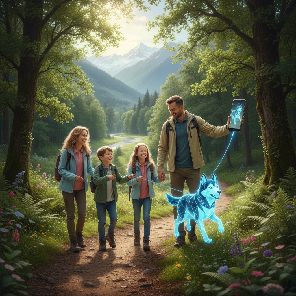 Polska rodzina na spacerze z telefonem i wirtualnym pieskiem, aktywność na świeżym powietrzu