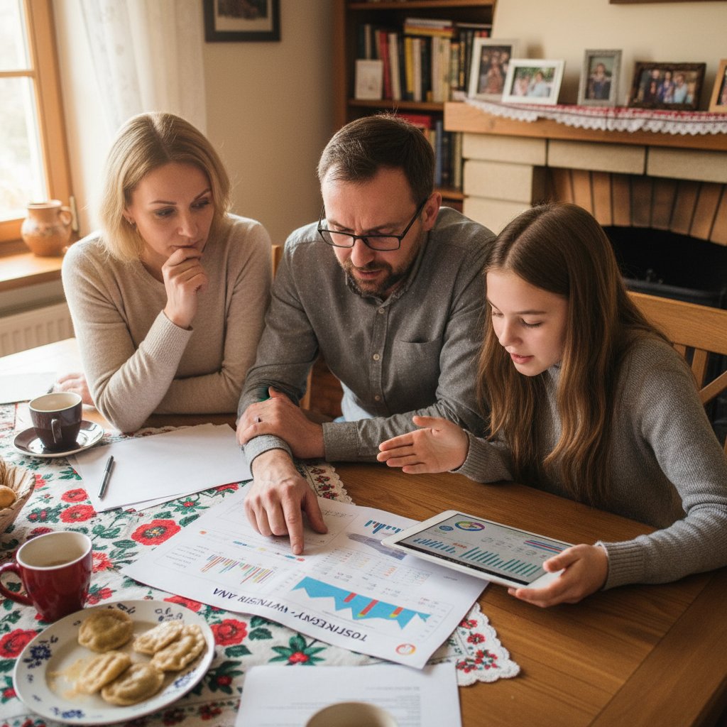 Rodzina z Polski analizuje wyniki testów genetycznych przy stole, testy DNA