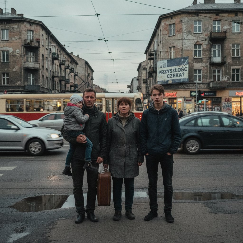 Polska rodzina w emocjonalnym momencie przełomu, autentyczne emocje, miasto w tle, 16:9