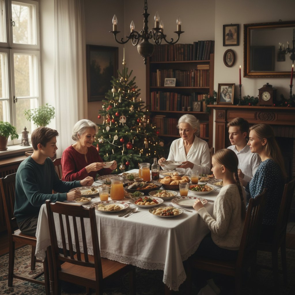Polska rodzina przy stole dzieli się tradycyjnym posiłkiem – różnice kulturowe w podejściu do nadwyżki kalorycznej