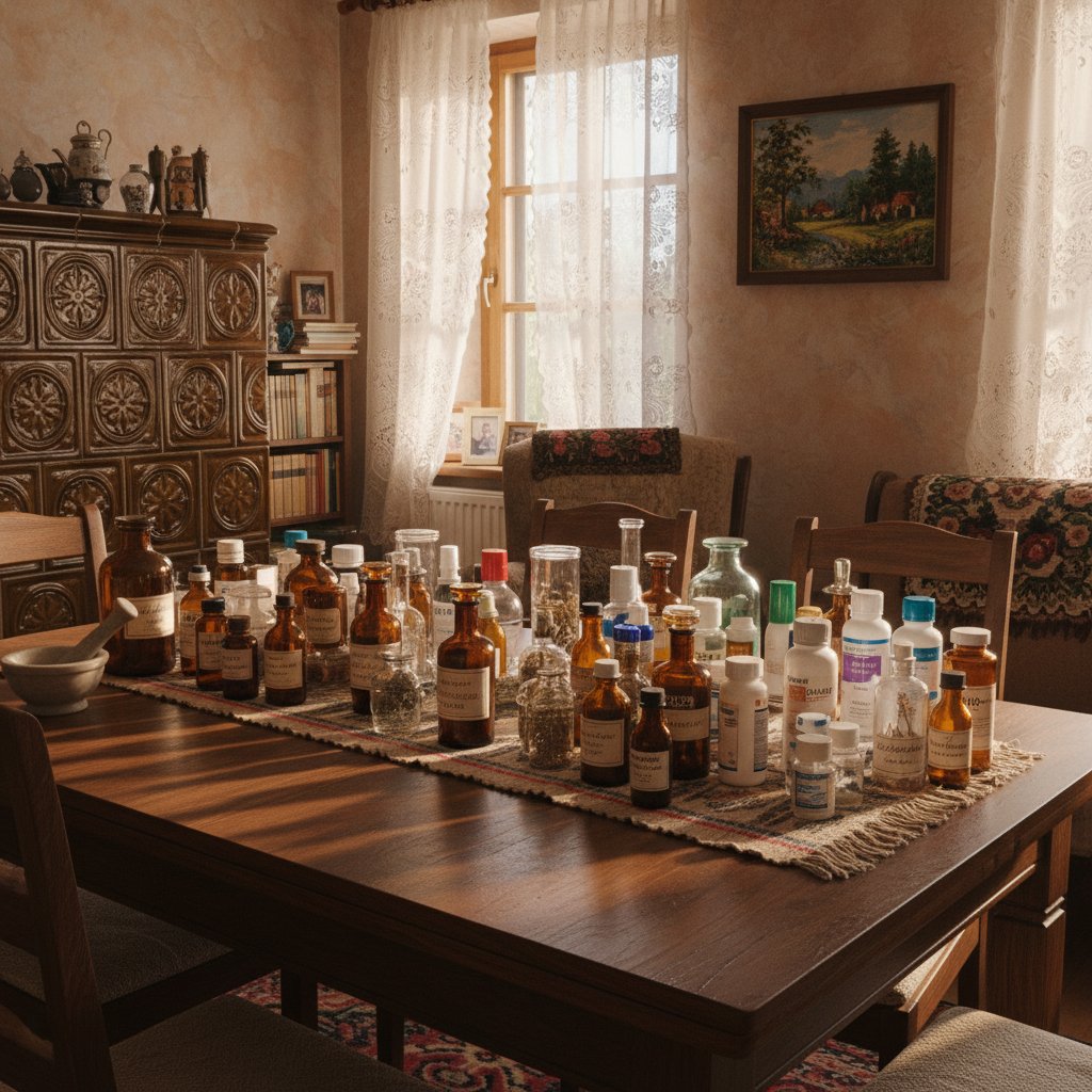 Rodzina przy stole z lekami homeopatycznymi