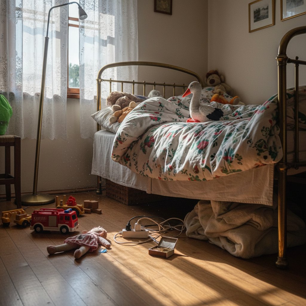 Domowe środowisko z pościelą, zabawkami i rodzinną atmosferą – wizualizacja codziennego ryzyka zakażenia