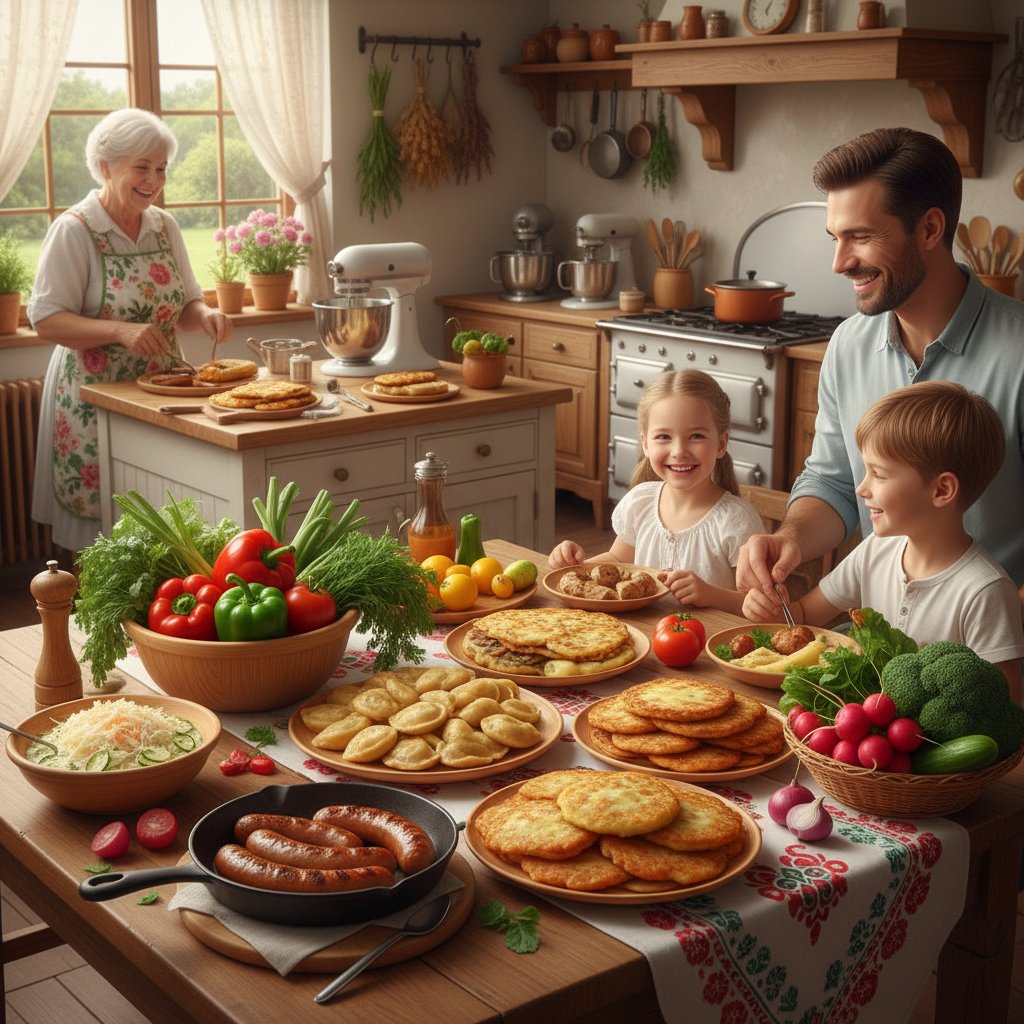 Zabiegana polska kuchnia rodzinna, fast food i świeże warzywa na stole, prawdziwe życie