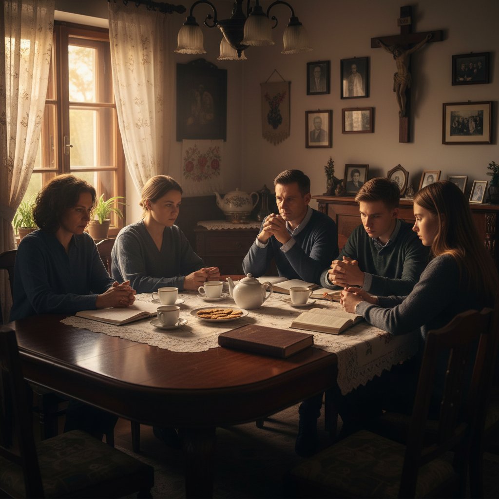 Polska rodzina przy stole, rozmowa o trudnych tematach