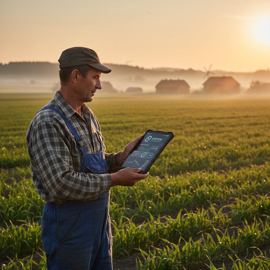 Polski rolnik kontrolujący system AI na polu – praktyka nowoczesnej ochrony roślin