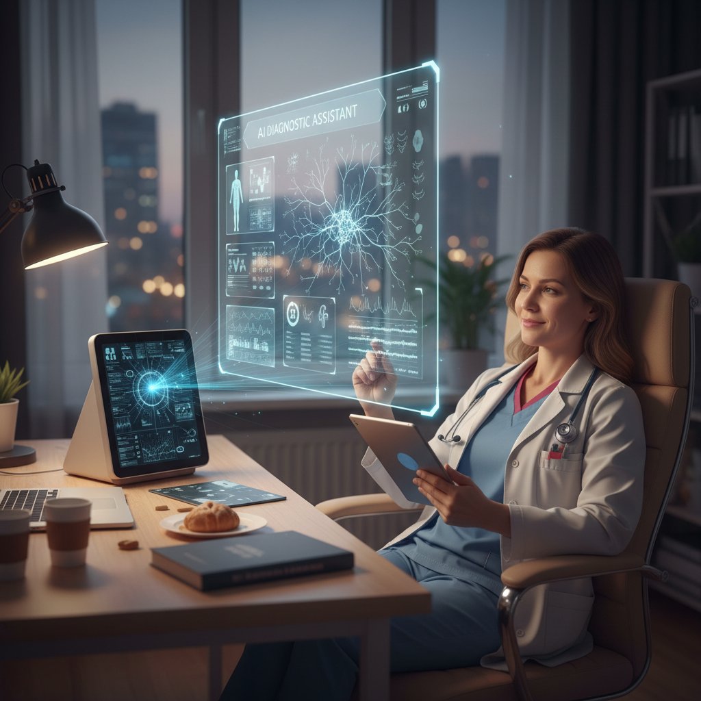 Lekarka pracująca wieczorem przy komputerze, zrelaksowana dzięki wsparciu AI