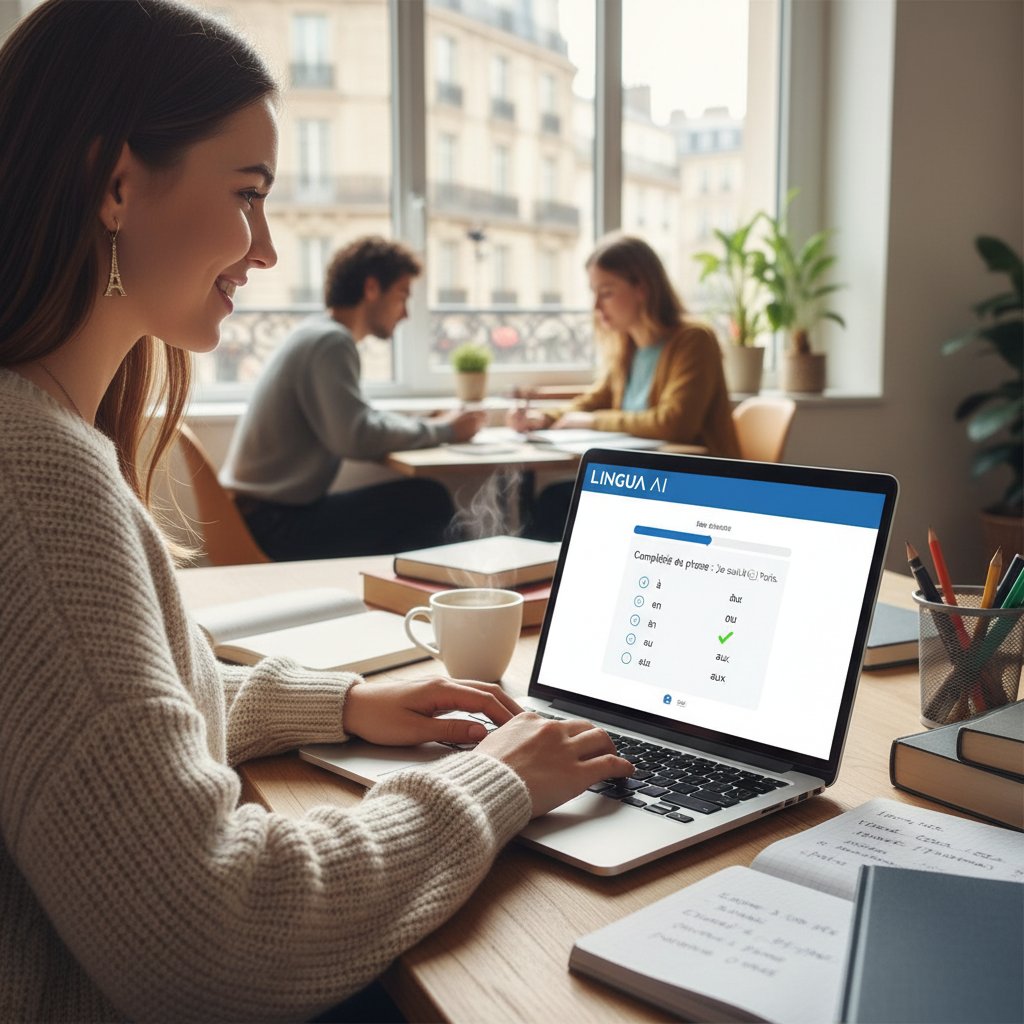 Uczennica korzystająca z platformy AI do nauki francuskiego na poziomie rozszerzonym, ekran z quizem