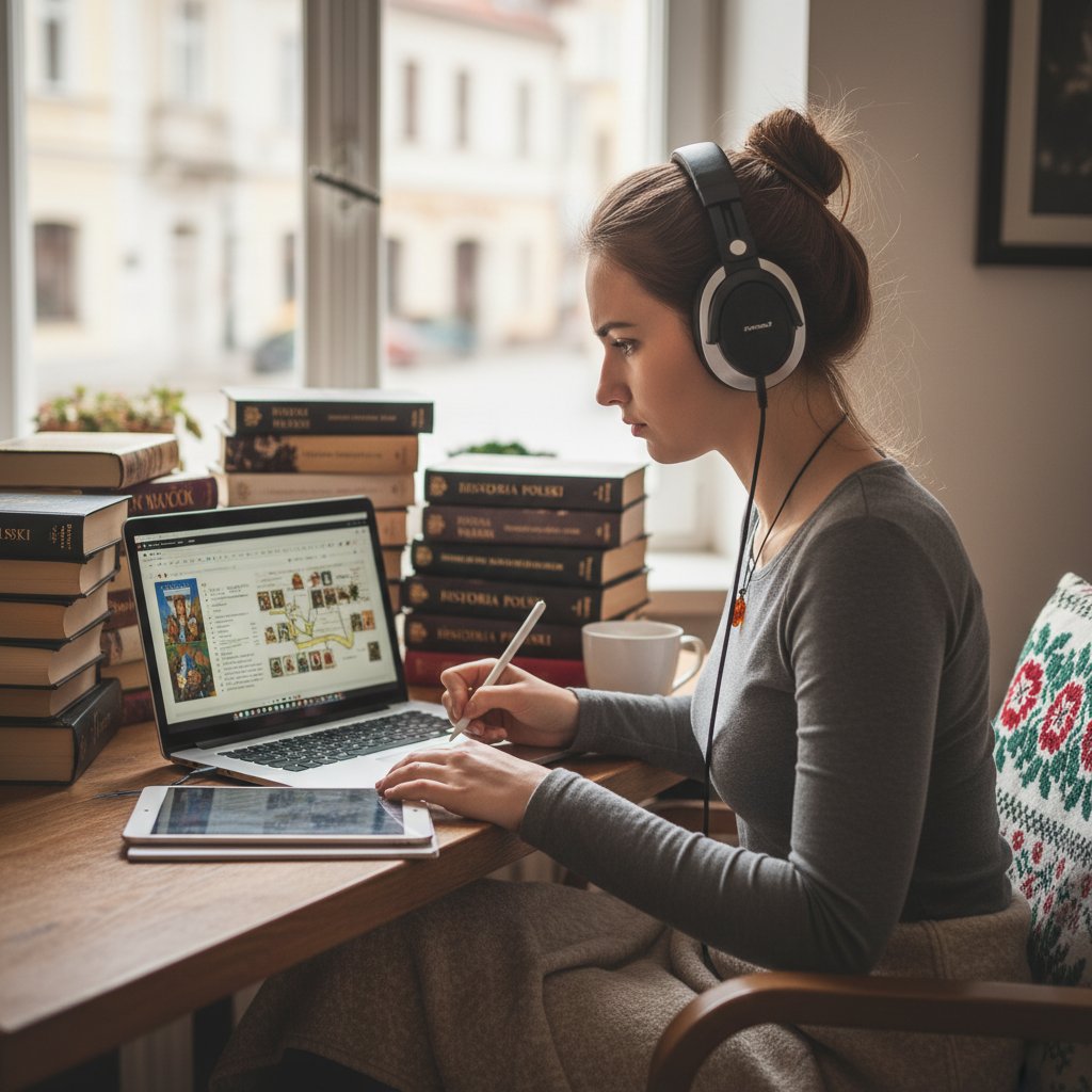 Uczennica odcinająca się od rozpraszaczy podczas nauki historii online