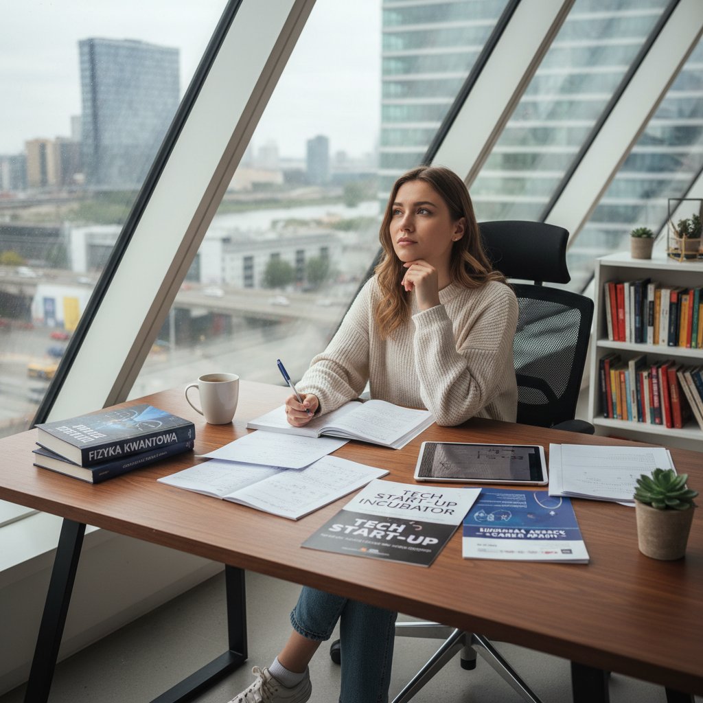 Studentka rozważająca wybór kariery po zdanej maturze z fizyki online, nowoczesne otoczenie