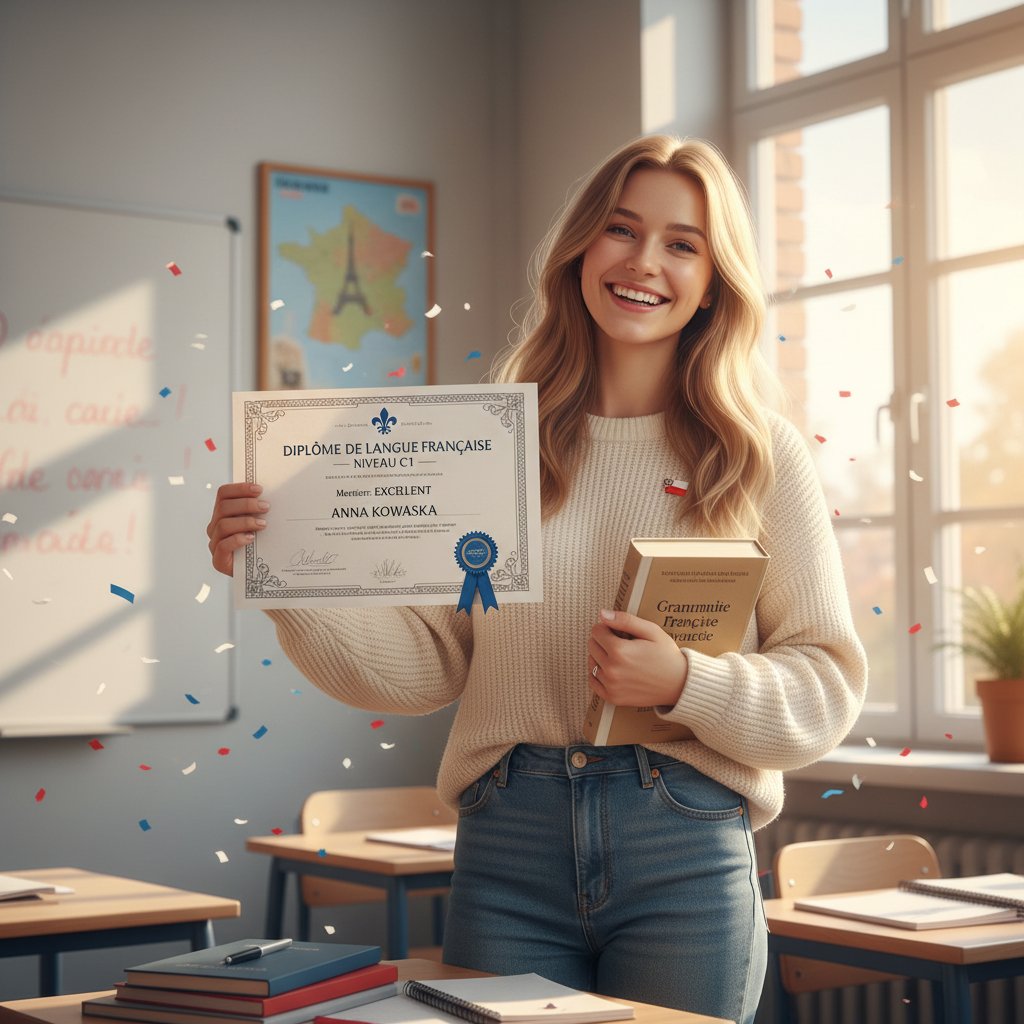 Młoda kobieta zadowolona z wyniku egzaminu, trzymająca w ręku certyfikat DELF