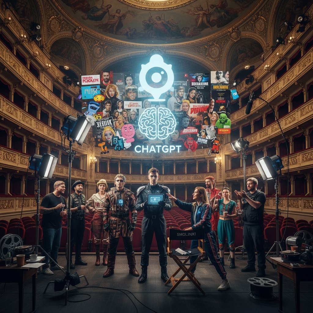 Scena z polskiego planu zdjęciowego: aktorzy i reżyser omawiają scenariusz wygenerowany przez ChatGPT