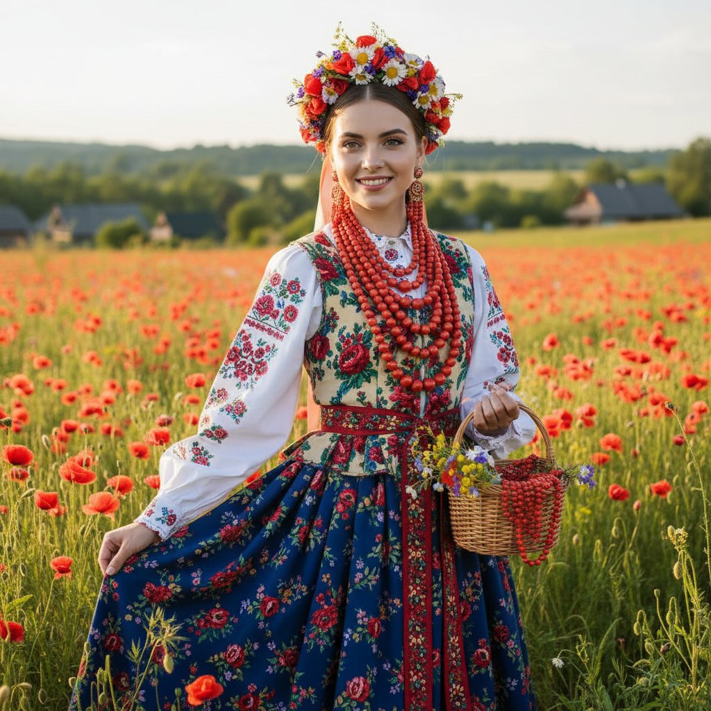 Biżuteria z korala w polskim stroju ludowym, modelka w tradycyjnym kostiumie na tle natury