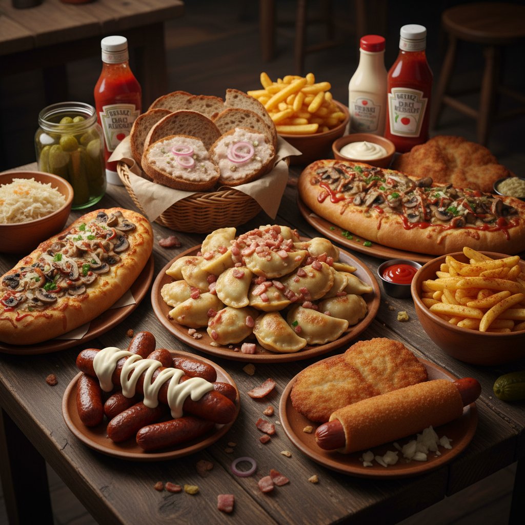 Polski stół z typowymi produktami: białe pieczywo, wędliny, fast food, napoje gazowane