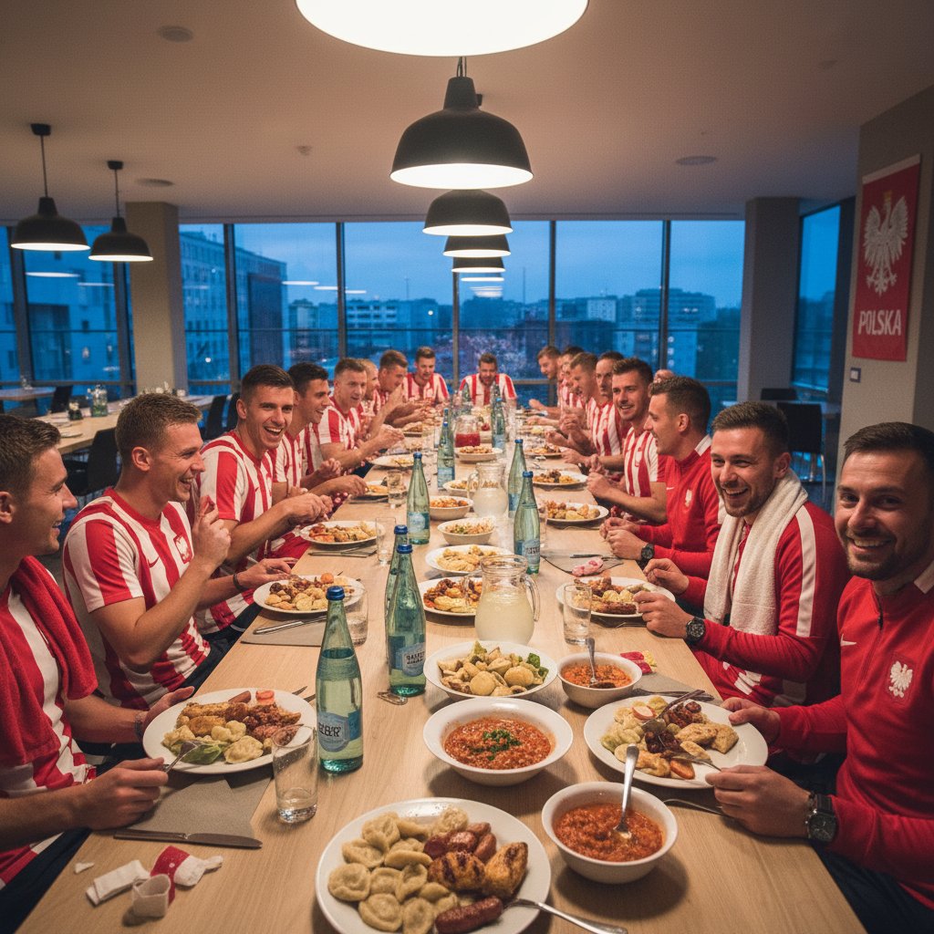 Polska drużyna piłkarska jedząca wspólny posiłek po meczu