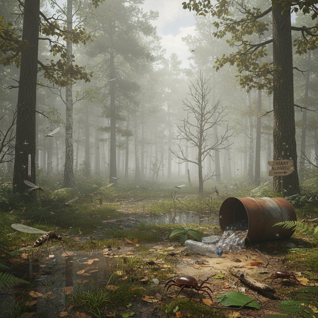 Fotografia: ciepły, wilgotny las w Polsce z unoszącą się mgłą i chmurą komarów, na pierwszym planie widoczny kleszcz na liściu