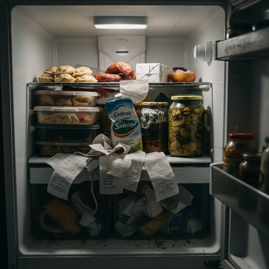 Zbliżenie na polską lodówkę pełną przeterminowanego jedzenia i paragonów