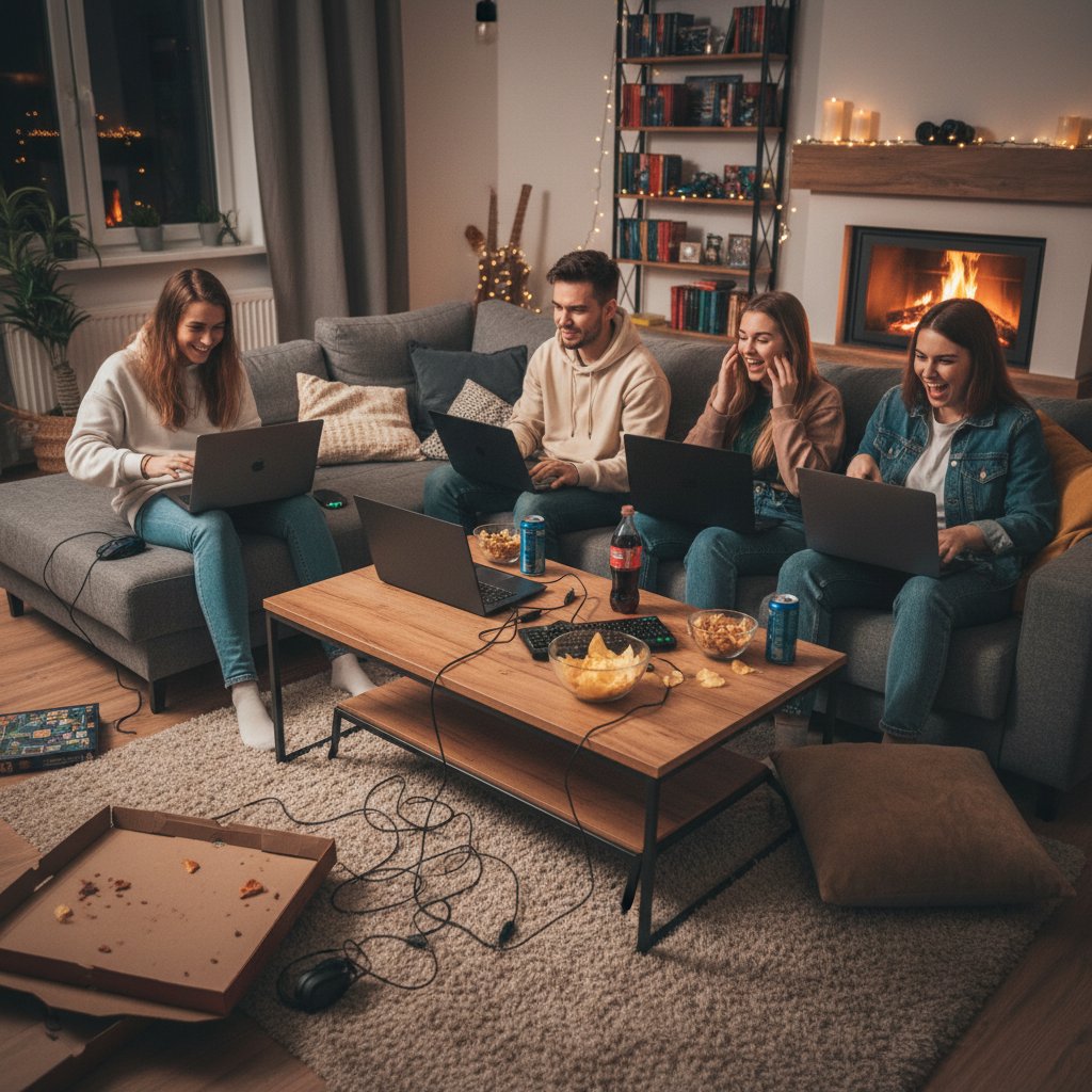 Grupa znajomych grających razem online w domowym zaciszu, przy komputerach, radosny klimat
